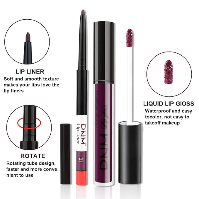 BINGBRUSH 2 Colors Liquid Matte Lipstick and Lipliner Set, Rose Red Purple Lip Tint 24 Hour Waterproof Velvet Nonstick Cup Lipgloss Lip Stain Pigmented Lip Makeup Gift Set 01&02