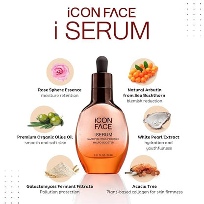 iCon Face iSerum - 20x Nano Hyaluronic Acid Ageless Hydro Booster Serum, 12Hour Moisturizing & Collagen Production, Age Defying, Natural Arbutin, Pearl Extract, 30ml