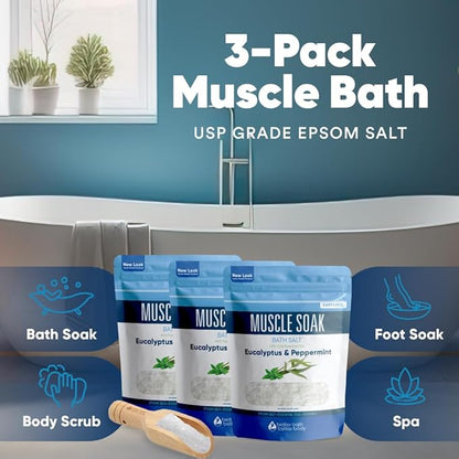 Muscle Bath Salt (3-Pack with Scoop) Muscle Bath Soaks with Pure Essential Oils in BPA Free Pouch with Press-Lock Seal Made in USA, Three 2-lbs Pouches 6-Lbs Total