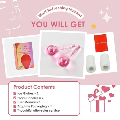 Ice Globes for Face and Eyes, Cooling Facial Facial Roller Balls, Beauty Massage Tools to Reduce Puffiness, Redness, Fine Lines, Cryo Facial Sticks for Home Spa Skincare Routine, Glitter Pink