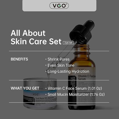 VGO Skin Care Set, with Snail Mucin 92% Moisturizer 1.76 Oz & Vitamin C Face Serum 1.01 Oz, Daily Hydrating & Firming Skincare Routine Kit for All Skin Type