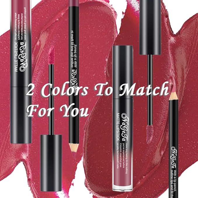 2 Colors Liquid Matte Lipstick and Lipliner Pack Set, Lip Tint Long Lasting 24 Hour Waterproof Velvet Nonstick Cup Lipgloss Lip Stain Pigmented Lip Makeup Gift Sets for Girls and Women Labiales