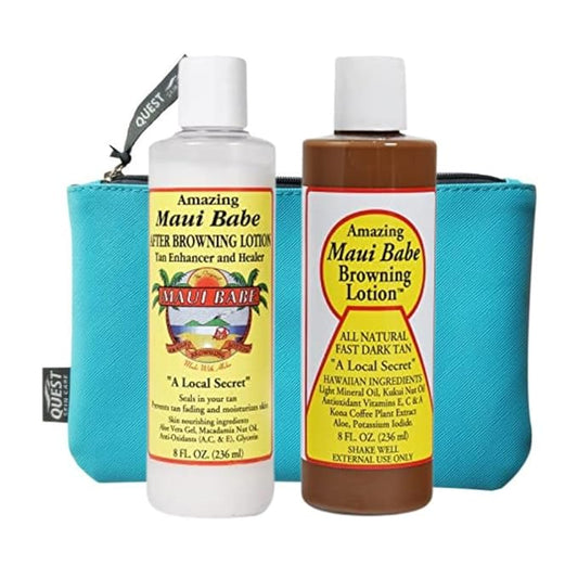 Maui Babe Before And After Browning Lotion 2 Pack - Outdoor Tanning Lotion 8oz & After Sun Lotion 8 oz With Quest Makeup Bag - Maui Babe Suntan Lotion Kit - Dark Tanning Formula Sun Tanning Lotion