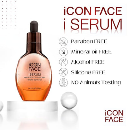 iCon Face iSerum - 20x Nano Hyaluronic Acid Ageless Hydro Booster Serum, 12Hour Moisturizing & Collagen Production, Age Defying, Natural Arbutin, Pearl Extract, 30ml