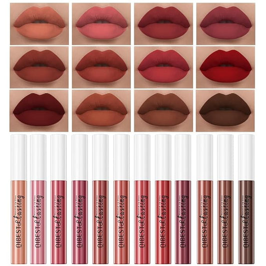 QiBest 12Pcs Velvet Matte Liquid Lipstick Makeup Sets Lipstick