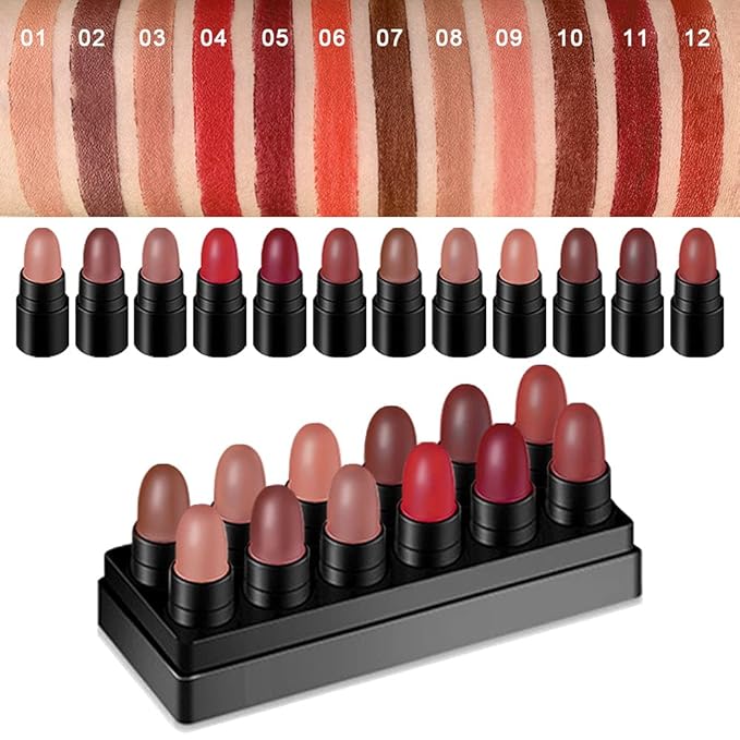 evpct 12Pcs Capsule Pills Lipstick Mini Matte Lipstick Sets for Women labiales mate 24 horas originales Dark Brown Red Nude Small Candy Lipstick Samples Mini Set Lip Stick Pack Matte Makeup Kit