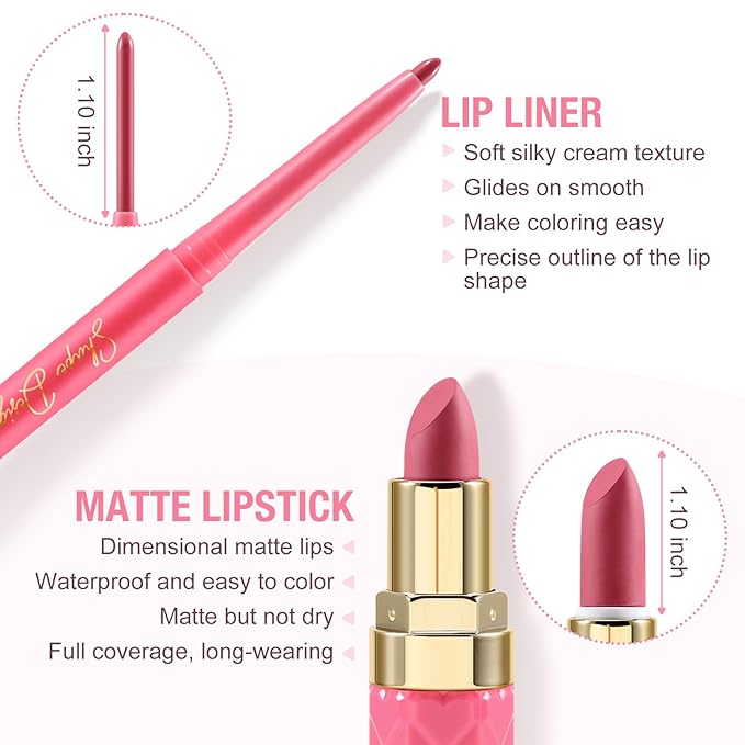 Boobeen Lip Color Set, 2Pcs Lip Liner and Matte Lipstick, Long-lasting, Highly Pigmented, Velvet Finish, Full Coverage, All Skin Tones, Women's Makeup Gift Set