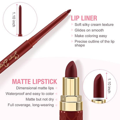 Boobeen 2Pcs Lip Liner and Lipstick Makeup Set, Lip Crayon Pencil Velvety Nude Lipliner Lip Gloss Make Up Gift Sets for Women, Ultra-Long-Lasting Matte but Not Dry