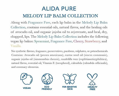 Melody Lip Balm Collection, Vegan Lip Balm Set, Beeswax Free, with Avocado Oil, Organic Jojoba Oil, and Vitamin E, Natural Moisturizer for Dry, Chapped Lips, 5 Tube Set