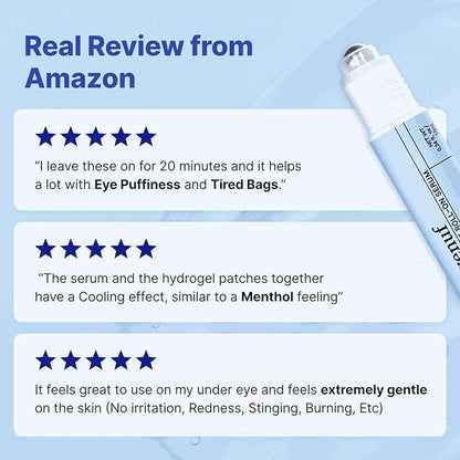 Hydrogel Collagen Real Cool 6 Pairs of Eye Patches & Hydrating Roll-On Serum Set for Dark Circles and Puffiness - Hyaluronic Acid and Caffeine Eye Serum Korean