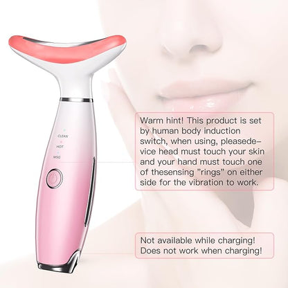 Neck Face Massager, Skin Care Face Massage Tool, 3-in-1 Facial Massager, Face Sculpting Tool with Thermals, Vibration (Pink)