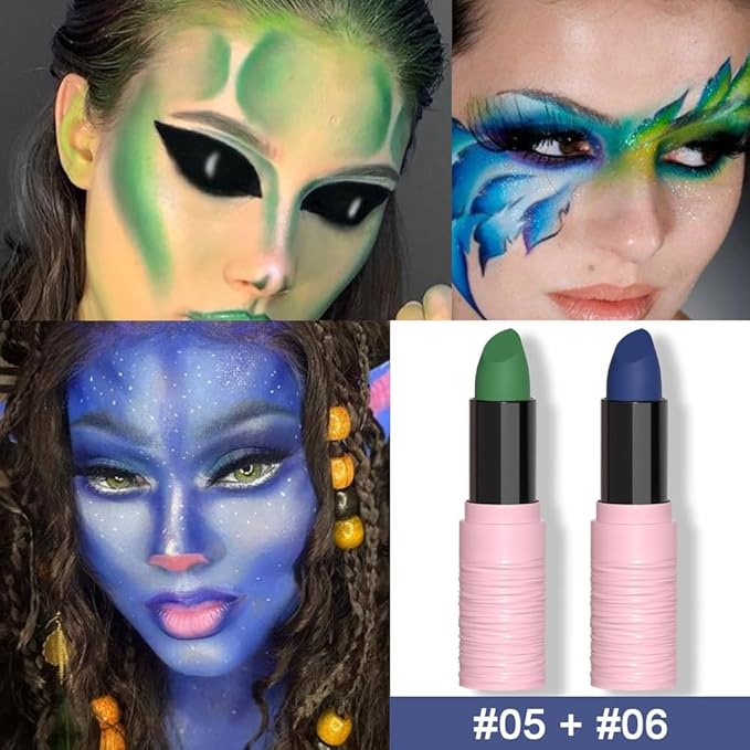Kaely 2Pcs Lip Face Body Paint Stick,Eye Black Stick,Halloween Cosplay Birthday Party Clown Makeup Sets,Easy to Color,Green Blue Matte Lipstick Set,labiales magicos 24 horas originales