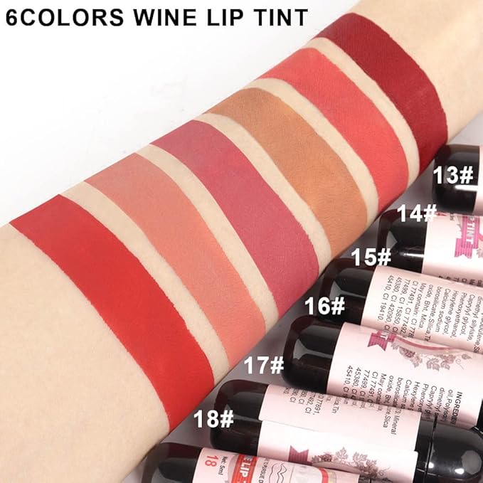 6 Colors Matte Red Wine Liquid Lipstick Pack Set,Wine Lip Tint Long Lasting 24 Hour Waterproof Velvet Nonstick Cup Lipgloss Lip Stain Pigmented Lip Makeup Gift Sets for Girls and Women Labiales