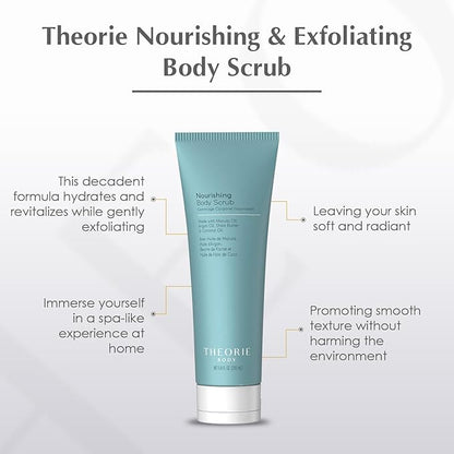 Theorie Nourishing and Exfoliating Body Scrub - Made with Marula, Argan, Coconut Oil, Shea Butter & Vitamin E, Amber Rose Fragrance. Eco-Friendly Pumice, Vegan, Gluten Free, Cruelty Free 200mL Tube