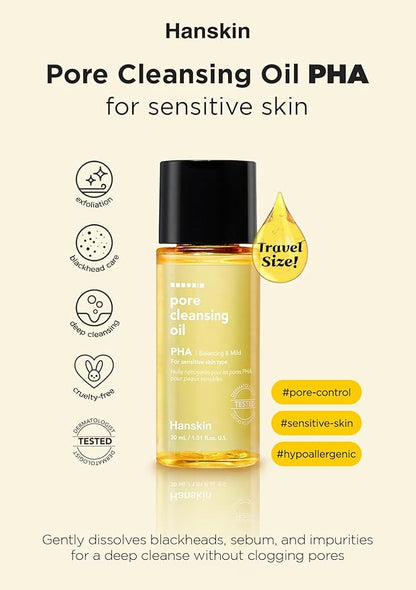 Hanskin PHA Trial Size Pore Cleansing Oil, Gentle Blackhead Cleanser and Makeup Remover for Combination and Oily Skin Travel Size Mini Makeup Remover Set [1 oz/Pack of 3]