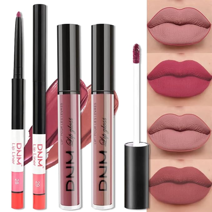 BINGBRUSH 2 Colors Liquid Matte Lipstick and Lipliner Set, Red Lip Tint 24 Hour Waterproof Velvet Nonstick Cup Lipgloss Lip Stain Pigmented Lip Makeup Gift Sets for Girls and Women Labiales28&29
