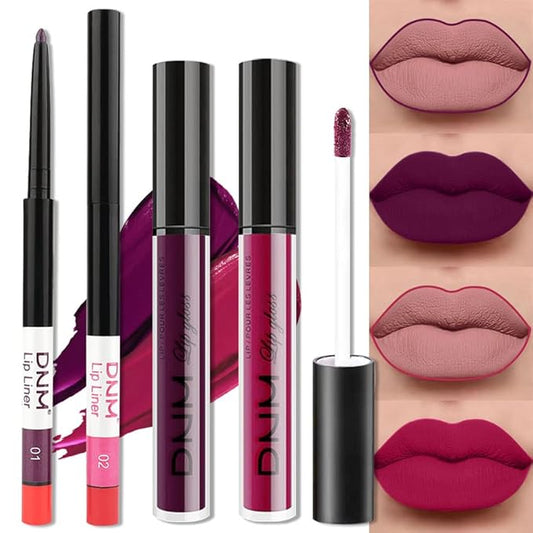 BINGBRUSH 2 Colors Liquid Matte Lipstick and Lipliner Set, Rose Red Purple Lip Tint 24 Hour Waterproof Velvet Nonstick Cup Lipgloss Lip Stain Pigmented Lip Makeup Gift Set 01&02
