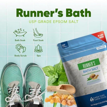 Runner's Bath Salt 128 Ounces (8 Lbs) Soothing Epsom Salt Bath Soaks with Natural Peppermint and Frankincense Essential Oils Plus Vitamin C in BPA Free Pouch with Easy Press Lock Seal Made in USA