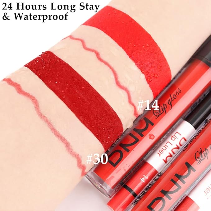 BINGBRUSH 2 Colors Liquid Matte Lipstick and Lipliner Set, Red Lip Tint 24 Hour Waterproof Velvet Nonstick Cup Lipgloss Lip Stain Pigmented Lip Makeup Gift Sets for Girls and Women Labiales14&30