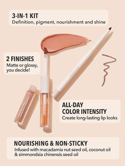 SHEGLAM Soft 90'S Glam 3-In-1 Lip Liner Moisturizing Plant Extracts Long Lasting Liquid Lipstick Plumping Lip Gloss Makeup Set - Moody Taupe