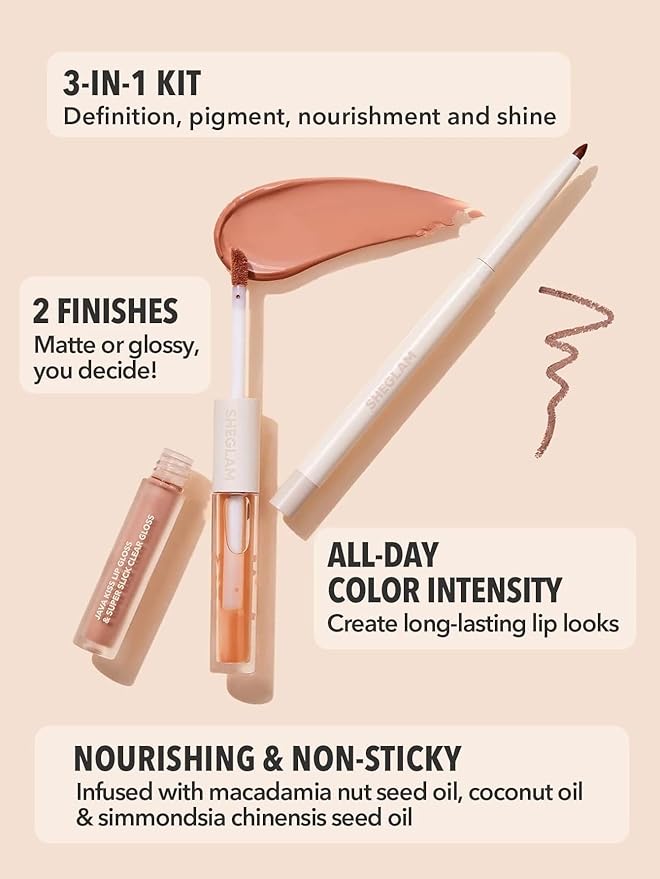 SHEGLAM Soft 90'S Glam 3-In-1 Lip Liner Moisturizing Plant Extracts Long Lasting Liquid Lipstick Plumping Lip Gloss Makeup Set - Haute Cocoa