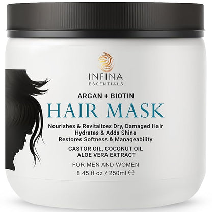 Argan Oil Hair Mask with Biotin - Intensive Hydrating Treatment & Deep Conditioning for Dry, Damaged Hair, Encourages Hair Growth - All Hair Types, Men & Women - 8.45 fl oz