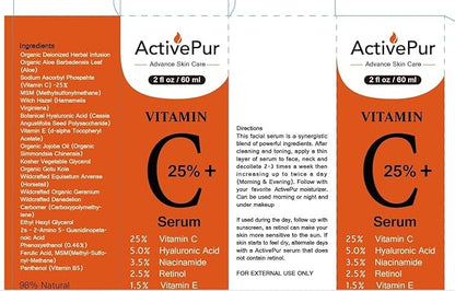 25% Best Vitamin C Serum for Face (2 Oz/60 ml) Vitamin E+B5 Hyaluronic Acid Serum Face Retinol Ferulic Acid Niacinamide Collagen Anti Aging Age Spots Eye circles Vitamin C face Serum