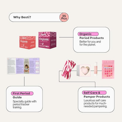 Besti First Period Kit for Girls (Ages 9-12) | Organic Pads & Liners, Pimple Patches, Bath Bomb, Lip Balm, Spa Headband & First Period Guide | Self-Care Gift Box for Teens – Menstrual Starter Kit