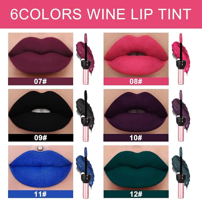 6 Colors Matte Red Wine Liquid Lipstick Pack Set,Wine Lip Tint Long Lasting 24 Hour Waterproof Velvet Nonstick Cup Lipgloss Lip Stain Pigmented Lip Makeup Gift Sets for Girls and Women Labiales