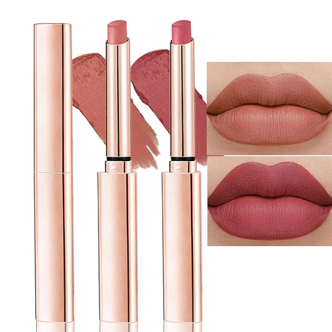 2 Pcs Brown Nude Lipstick Matte Sets,Velvet Lipstick Long