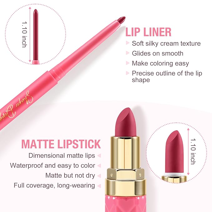 Boobeen 2Pcs Lip Liner and Lipstick Makeup Set, Lip Crayon Pencil Velvety Nude Lipliner Lip Gloss Make Up Gift Sets for Women, Ultra-Long-Lasting Matte but Not Dry (#P06)