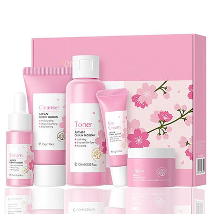 Cherry Blossom Skin Care Kit - Skincare for Girls 10-12 - Hydrating Travel Essentials - Travel Kit with Face Wash, Essence, Toner, Cream & Eye-cream - Skin Care Sets & Kits Gift Set for Women