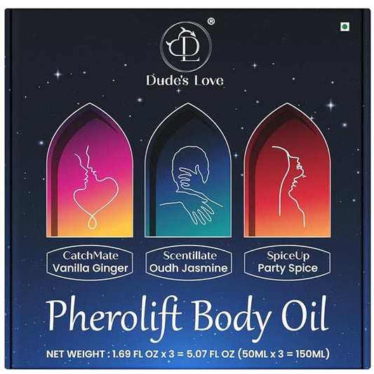 Dude's Love Pherolift Scented Shower Body Oil - 3 Unique Longlasting Fragrance Nourishing OIl | Light & Non-Greasy | Pack of 3-5.07 FL Oz (150ML)