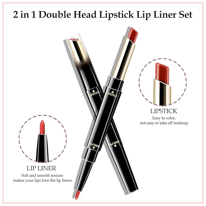 Boobeen 2 in 1 Double Head Lipstick & Lip Liner Makeup Set Matte Velvet Lipgloss Lipstick Creamy Lip Pencil for Women, Long-lasting and Non-smudge