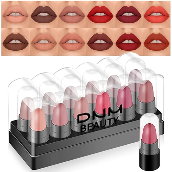 evpct 12Pcs Capsule Pills Lipstick Mini Matte Lipstick Sets for Women labiales mate 24 horas originales Dark Brown Red Nude Small Candy Lipstick Samples Mini Set Lip Stick Pack Matte Makeup Kit