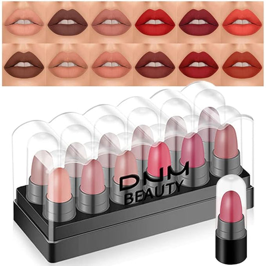 evpct 12Pcs Capsule Pills Lipstick Mini Matte Lipstick Sets for Women labiales mate 24 horas originales Dark Brown Red Nude Small Candy Lipstick Samples Mini Set Lip Stick Pack Matte Makeup Kit
