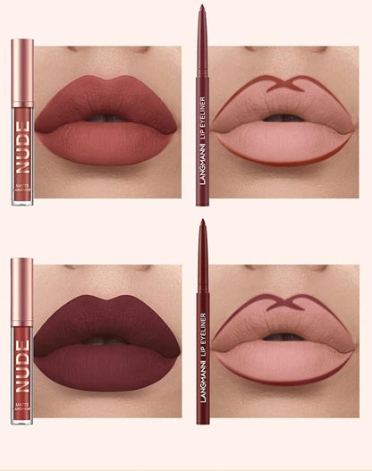 URQT 12pcs Lip Liner and Lipstick Set, 6 Velvety Matte Liquid Lipsticks + 6 Matching Smooth Lip Liner One Step Lips Long Lasting Waterproof Makeup Kits Gift Set