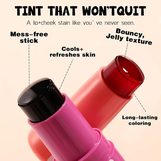 Cooling Water Jelly Tint Blush, Multi-Use Lip Stain Tint & Cheek Stick, Chill Poppy Pink Lip Gloss -1,000+ Swipes Per Stick Longlasting & Non-Stick Watercolor Effect Vivid Color (# 04)
