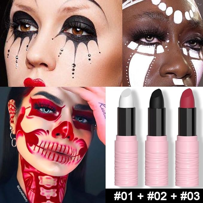 Kaely 3Pcs Lip Face Body Paint Stick,Eye Black Stick,Halloween Cosplay Birthday Party Clown Makeup Sets,Easy to Color,Black White Red Matte Lipstick Set,labiales magicos 24 horas originales