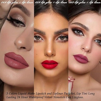 BINGBRUSH 3 Colors Liquid Matte Lipstick and Lipliner Pack Set, Lip Tint Long Lasting 24 Hour Waterproof Velvet Nonstick Cup Lipgloss Lip Stain Pigmented Lip Makeup Gift Sets