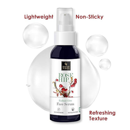 Good Vibes Rosehip Face Serum | Hydrating & Nourishing Formula for Smooth, Even Skin | Rich in Antioxidants & Natural Oils | Lightweight, Non-Greasy | No Parabens or Sulphates | 1.01 Fl Oz (30ml)