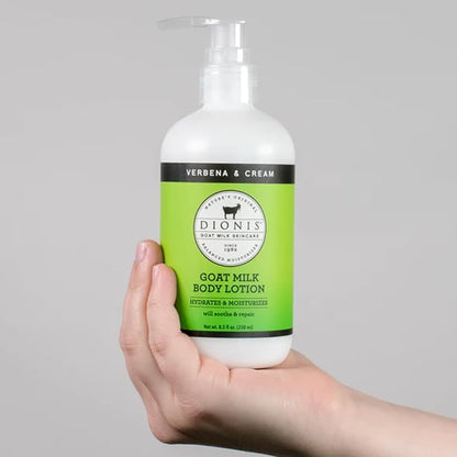 Dionis Goat Milk Skincare Verbena & Cream 8.5oz Hydrating Body Lotion and 3.3oz Hand & Body Moisturizing Travel Size Cream Bundle, Natural Ingredients, Made in the USA, Cruelty Free, Paraben Free