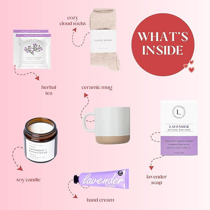 Unboxme Lavender Spa Gift Set - Relaxation Gifts For Women - Get Well Soon Gift Basket with Scented Candle, Bath Bomb, Soap - Perfect for Valentine's Day