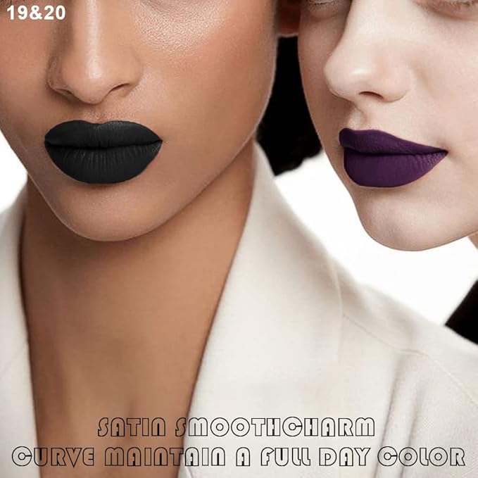 2 Colors Liquid Matte Lipstick and Lipliner Set, Black Purple Lip Tint 24 Hour Waterproof Velvet Nonstick Cup Lipgloss Lip Stain Pigmented Lip Makeup Gift Sets for Girls and Women Labiales19&20
