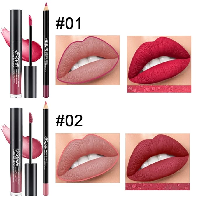 2 Colors Liquid Matte Lipstick and Lipliner Pack Set, Lip Tint Long Lasting 24 Hour Waterproof Velvet Nonstick Cup Lipgloss Lip Stain Pigmented Lip Makeup Gift Sets for Girls and Women Labiales