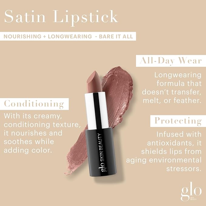 Glo Skin Beauty Satin Lipstick (Bare It All) | Nourishing Longwearing Lip Stick Packed with Skincare Benefits