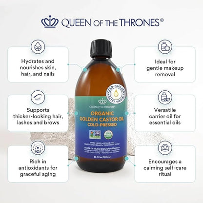 QUEEN OF THE THRONES Organic Golden Castor Oil | 100% Pure for Hair, Skin, Nails, Brows & Lashes | Hexane-Free | USDA Certified [16.9oz (500ml)]