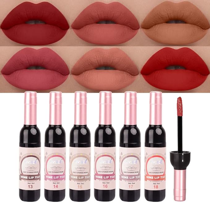 6 Colors Matte Red Wine Liquid Lipstick Pack Set,Wine Lip Tint Long Lasting 24 Hour Waterproof Velvet Nonstick Cup Lipgloss Lip Stain Pigmented Lip Makeup Gift Sets for Girls and Women Labiales