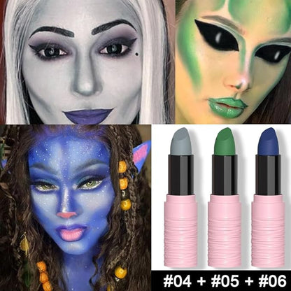 Kaely 3Pcs Lip Face Body Paint Stick,Eye Black Stick,Halloween Cosplay Birthday Party Clown Makeup Sets,Easy to Color,Gray Green Blue Matte Lipstick Set,labiales magicos 24 horas originales