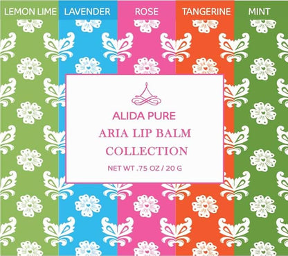 Aria Lip Balm Collection, Vegan Lip Balm Set, Beeswax Free, with Avocado Oil, Organic Jojoba Oil, and Vitamin E, Natural Moisturizer for Dry, Chapped Lips, 5 Tube Set